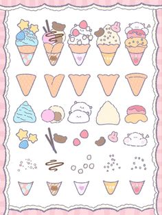 a pink and white background with different types of ice cream