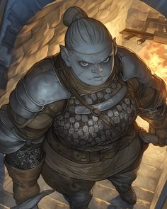 an animated character is standing in front of a fire and looking at the camera with his hands on his hips