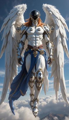a man with wings standing on top of clouds