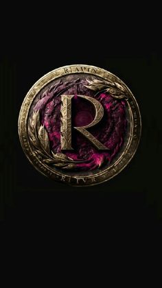 the letter r in gold and pink on a black background
