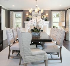 a collage of photos showing the dining room and living room in an open floor plan