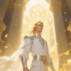 a man dressed in white and gold standing next to columns