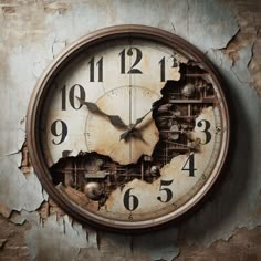 a clock that is on the wall with peeling paint and holes in it's face