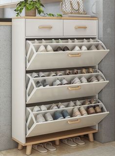 the shoe rack is open and has several pairs of shoes in it, along with a plant