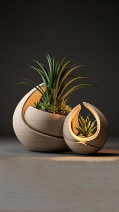 two planters with plants in them sitting on a table