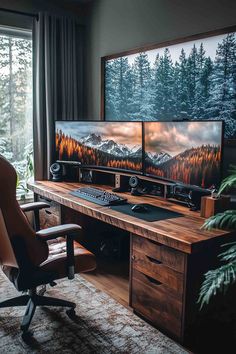 A dark office room aesthetic with a wooden desk, dual monitors, and a leather chair, creating a nature-inspired workspace for gaming or work.