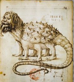 an old book with a drawing of a lion on it's side and a snake in the middle
