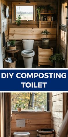 the inside of a small bathroom with wooden walls and flooring is shown in two different pictures