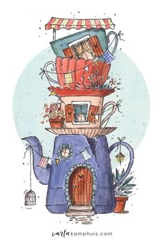 a drawing of a house with lots of stuff on top