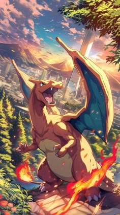 an animated pokemon character is standing in front of a cityscape with fire coming out of its mouth