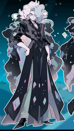 an anime character with white hair standing in front of a blue sky and stars background