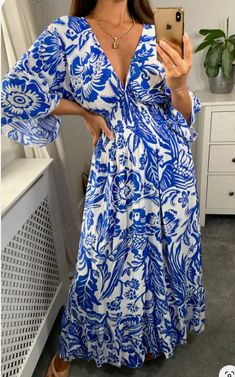 Blue Maxi Dress With Printed Motifs, Blue V-neck Free Size Maxi Dress, Blue And White Maxi, Blue Floral Print Free Size Maxi Dress, Blue Floral Print Maxi Kaftan, Blue Floral Print Maxi Length Kaftan, Vibrant Blue Floral Print Maxi Dress, Blue Floral Print V-neck Dress, Blue Floral Print Viscose Dress
