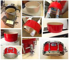 several pictures of different types of drums and their accessories, including one drum with the lid down