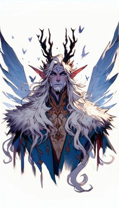 a man with long white hair and horns on his head, standing in front of birds