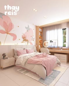 the bedroom is decorated in pastel colors and has a pink flower wall decal