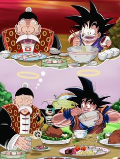 two cartoon characters sitting at a table eating food