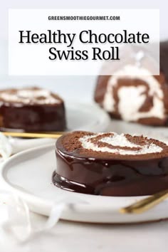 chocolate swiss roll on a white plate with text overlay