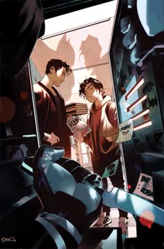 two young men standing next to each other in front of a mirror with shadows on them