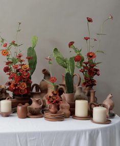 a table topped with lots of vases filled with different types of flowers and plants