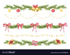 christmas decorations and garlands with bows watercolor hand drawn illustration isolated on white background