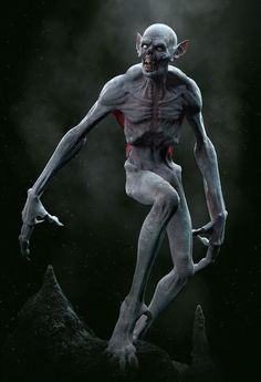 a creepy looking creature standing on top of a rock in the dark with his arms spread out