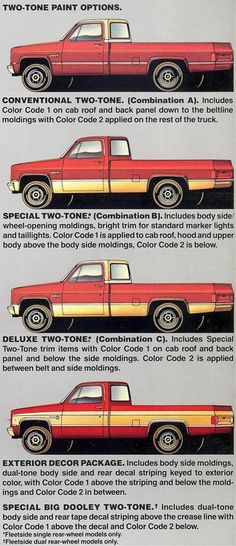 an old red pick up truck is shown in three different colors and features the same color scheme