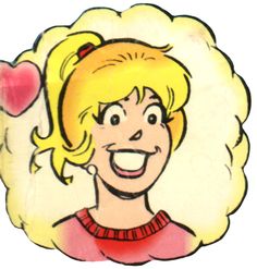 a drawing of a girl with blonde hair and a heart on her forehead, smiling