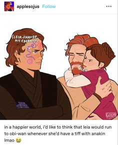 two people hugging each other with the caption that says, i'm in a happier world, i'd like to think that leila would run to obi