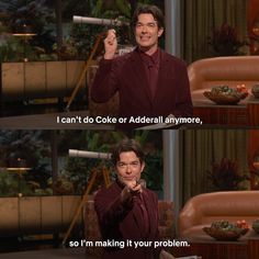 a man in a red suit pointing to the side with his hand and saying, i can't do cake or addall anymore, anyone, so i'm making it your problem
