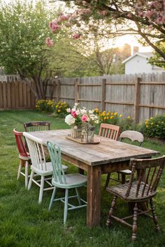 a wooden table sitting in the middle of a grass covered yard with chairs around it