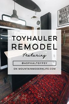 the interior of a mobile home with text overlay that reads, toy hauler remodel featuring