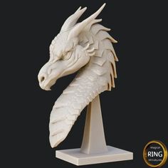 a white dragon head on a stand with black background