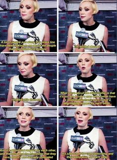 a woman with blonde hair is talking into a microphone