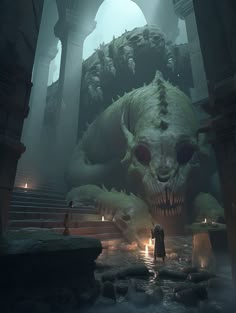 a man standing next to a giant monster in the middle of a dark room with stairs leading up to it
