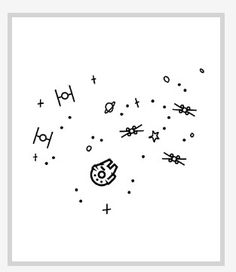 a black and white drawing of an object in the sky with stars around it, on a white background