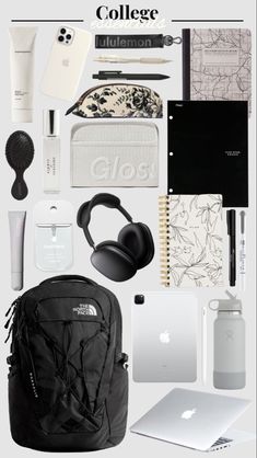 College Backpack Essentials Aesthetic, Aesthetic Bookbag, College Supplies Aesthetic, Lululemon College Backpack, College Essentials Backpack Aesthetic, Bookbag Essentials, College Essentials Aesthetic, College Supplies Essentials, Must Have Things In College Bag