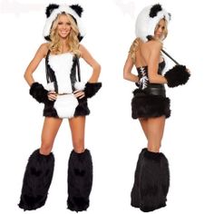 two women dressed in panda costumes and one is wearing a costume that says, $ 100