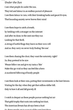 a poem written in black and white with the words under the sun on top of it
