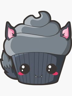 a cartoon cupcake with grey frosting and pink ears on it's head