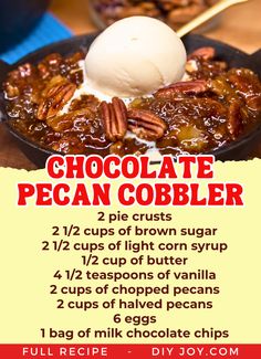 chocolate pecan cobbler recipe in a cast iron skillet