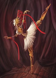 a painting of a woman in white and gold with red ribbon around her neck, dancing