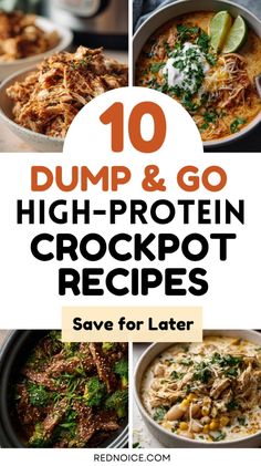 Collage of dump and go high protein crockpot meals including teriyaki chicken, creamy taco soup, beef and broccoli, and white chicken chili in slow cookers for easy meal prep dinners