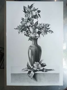 a drawing of a vase with flowers in it