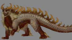 an image of a dragon with horns on it's head and tail, standing in front of a gray background