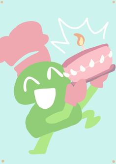 a green cartoon character holding a pink cake