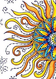 a drawing of a sun with many different colors