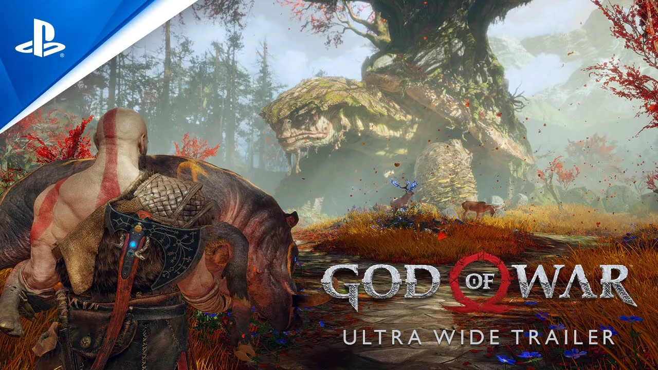 Kratos steht auf einem Feld und betrachtet einen Baum. Wähle das Bild aus, um den Trailer abzuspielen.