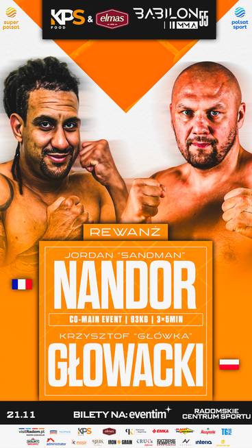 Plakat wydarzenia MMA Babilon z portretami zawodnik&oacute;w Jordan "Sandman" Nandor i Krzysztof "Gł&oacute;wka" Głowacki, zapowiadający rewanż.