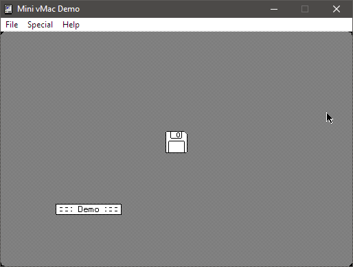 Mini vMac, with a box saying "Demo" moving randomly around the screen