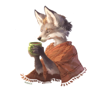 Digital artwork of an anthropomorphic arctic fox with fluffy light-gray fur and copper accents. The fox holds a steaming green mug and wears a rusty orange shawl with tasseled edges. The animal's eyes are peacefully closed as it savors the rising steam from the hot chocolate. Soft light renders the scene cozy and atmospheric.